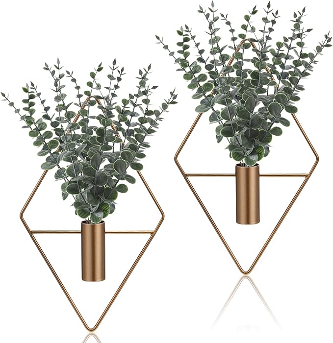 Jexine 8 Pcs Hanging Planters with Artificial Eucalyptus Metal Hanging Vase Indoor Plants Holder Modern Geometric Boho Bathroom Wall Decor for Living Room Home Office (Eucalyptus,Bronze)