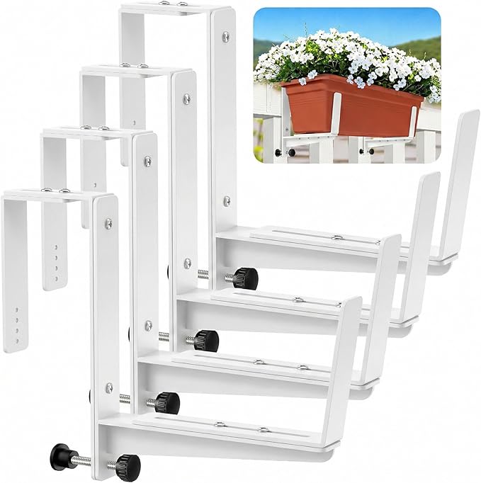 Window Box Brackets, Adjustable Planter Box Brackets, Heavy Duty Iron Flower Box Brackets for Railings, with Enhanced Bottom Support - Perfect for Balconies, Fences, and Gardens (White, 4 Pack)
