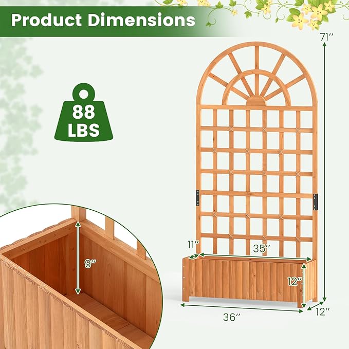 Giantex Wooden Raised Garden Bed with Arched Trellis Set 2, 71” Fir Wood Outdoor Elevated Planter Box Privacy Screen w/Drainage Holes, Vertical Garden Bed for Climbing Plants, Patio Balcony Backyard