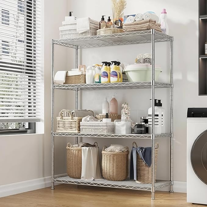 Xcity Storage Shelves, 4 Tier Heavy Duty Metal Shelving Unit with Wheels, 1600 LBS Capacity Adjustable Steel Wire Shelf Organizer for Pantry, Kitchen, Garage, 18" D x 36" W x 60" H, Chrome