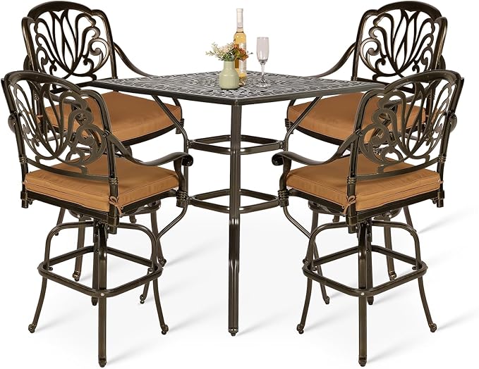 VIVIJASON 5-Piece Bar Height Patio Dining Set, All Weather Cast Aluminum Outdoor Table and Chairs Set with 4 Swivel Bar Stools, Cushions & 35.4" High Bar Table w/Umbrella Hole for Deck, Lawn, Garden