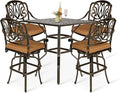 VIVIJASON 5-Piece Bar Height Patio Dining Set, All Weather Cast Aluminum Outdoor Table and Chairs Set with 4 Swivel Bar Stools, Cushions & 35.4" High Bar Table w/Umbrella Hole for Deck, Lawn, Garden