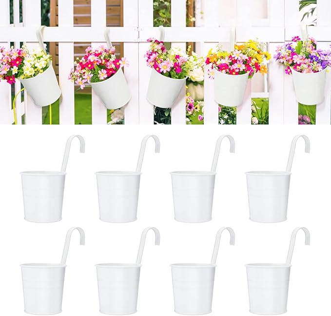 KINGLAKE Flower Pots,10 Pcs Metal Iron Hanging Flower Plant Pots Balcony Garden Plant Planter Baskets Fence Bucket Pot 4'' Flower Holders with Detachable Hook White