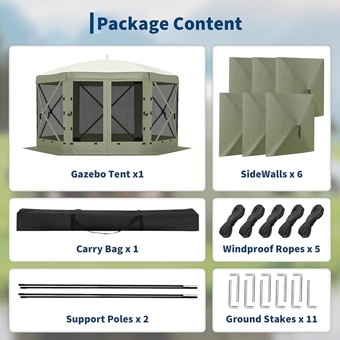 13x13FT 6-Sided Pop Up Gazebo Tent，One-Push Setup Canopy Tent with Removable Canopy Top & Wind Cloths, Outdoor shelter for Camping, Backyard Parties, Outdoor Events - Army Green