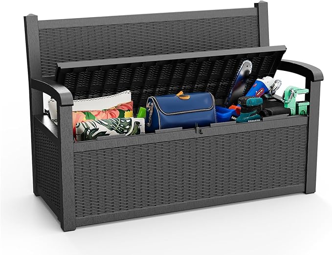EasyUp 80 Gallon Outdoor Storage Bench Lockable Deck Box Outdoor Storage Box Waterproof for Patio,Garden,and Porch – Perfect for Storing Garden Tools and Cushions(Black)