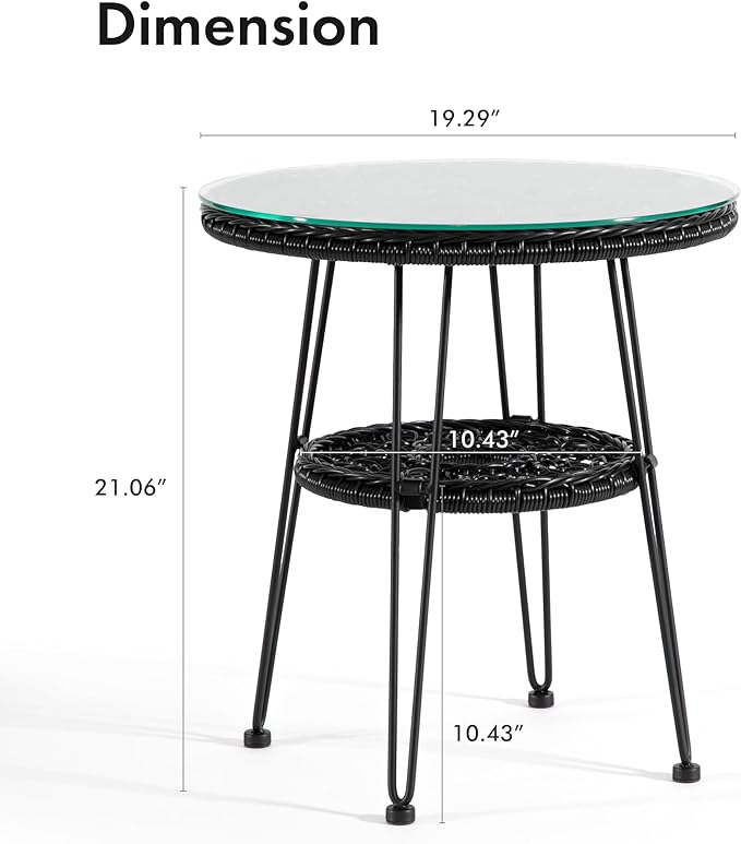 Furniture of America Ysar Boho 19-inch Round Coffee Table Outdoor with Tempered Glass Top and Metal Frame, Handcrafted Coastal Furniture for Patio, Poolside, Garden, Yard, Black