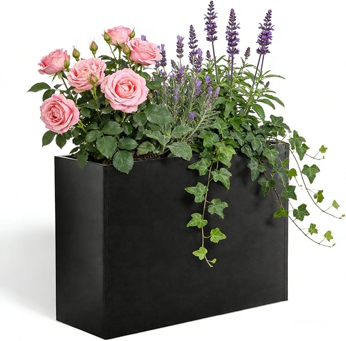 Metal Rectangular Planter, Metal Planter Box, 38" L x 13" W x 30" H Large Heavy Duty Tall Black Planter Box with Drainage Holes and Adjustable Balancing Feet Ideal for Porch, Garden, Patio, Yard