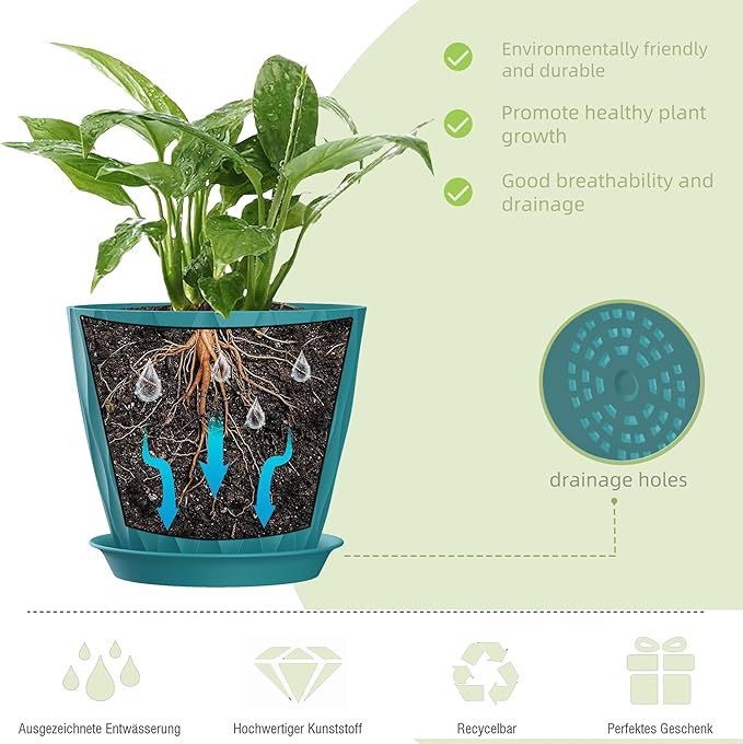 4/4.5/5/5.5/6/6.5/7 Inch Plant Pots,7 Pack Flower Pots with Drainage Holes and Trays,Plastic Planters for Indoor Outdoor Plants Growth,Green
