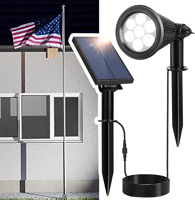 Solar Spotlights Outdoor for Flag Pole, Bright 7-LED Solar Spot Lights with Separate Panel Waterproof, Dusk-to-Dawn Flagpole Lights, Adjustable Landscape Ground Wall Lighting for House Garden(White)