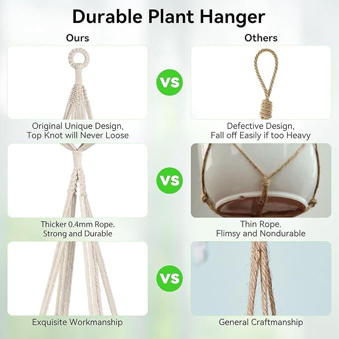USLAI Macrame Plant Hanger Indoor Outdoor, Fits 4 to 15 Inch Pots, Strong Hanging Planter Holder, Boho Home Decor, 72+35 Inch, Ivory (POTS NOT Included)