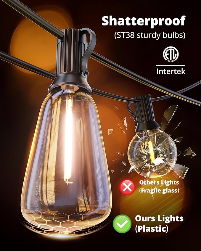 VIPAR Outdoor String Lights 60FT LED Patio Lights LED Waterproof with 26+2 Shatterproof ST38 Edison Bulbs, 2700K Connectable Outside Hanging Light for Porch, Garden, Backyard, Deck, Balcony, Decor