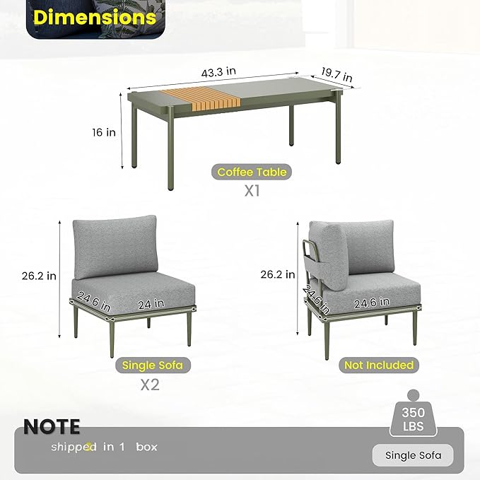 Sundale Outdoor 3 Pieces Patio Furniture Set, Metal Outdoor Sectional Sofa with Coffee Table, All-Weather Modern Outdoor Conversation Sets for Balcony, Porch, Poolside, Sunroom
