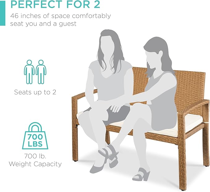 Best Choice Products Outdoor Bench 2-Person Wicker Garden Patio Benches Seating Furniture for Backyard, Porch w/Seat Cushion, 700lb Capacity - Ivory/Natural