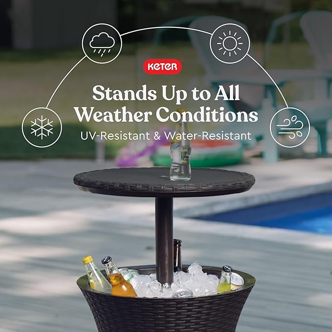 Keter Pacific Cool Bar Outdoor Patio Furniture and Hot Tub Side Table with 7.5 Gallon Beer and Wine Cooler, Espresso Brown