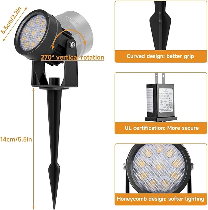 Warm White Spot Lights, Outdoor 3000K LED Spotlights, Outside Landscape Lighting IP65 Waterproof Garden Uplights for Lawn Front Porch Driveway Decorative, 4 Lights