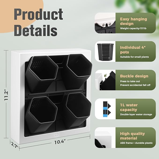 Wall-Mounted Vertical Garden Planter – Ready-to-Use Indoor Wall Planter with 4 Grow Pots – Perfect for Herbs, Succulents & Flowers – No Assembly Required (White)