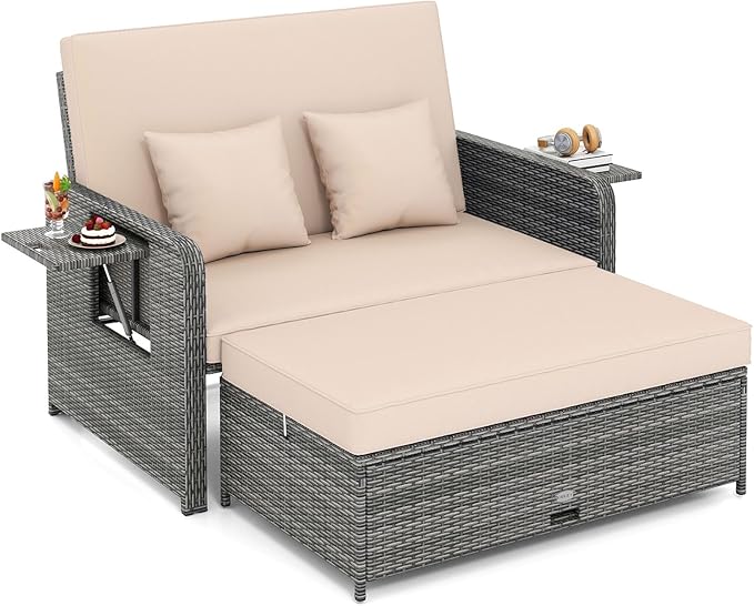 Tangkula Patio Rattan Daybed with 4-Level Adjustable Backrest, Outdoor PE Wicker Loveseat with Storage Ottoman & Folding Side Table, Double Sunbed for Balcony, Backyard & Poolside, Beige & Grey