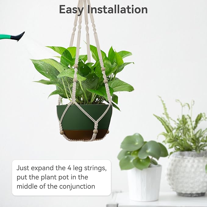 USLAI Macrame Plant Hanger Indoor Outdoor, Fits 4 to 15 Inch Pots, Strong Hanging Planter Holder, Boho Home Decor, 35 Inch, Ivory (POTS NOT Included)