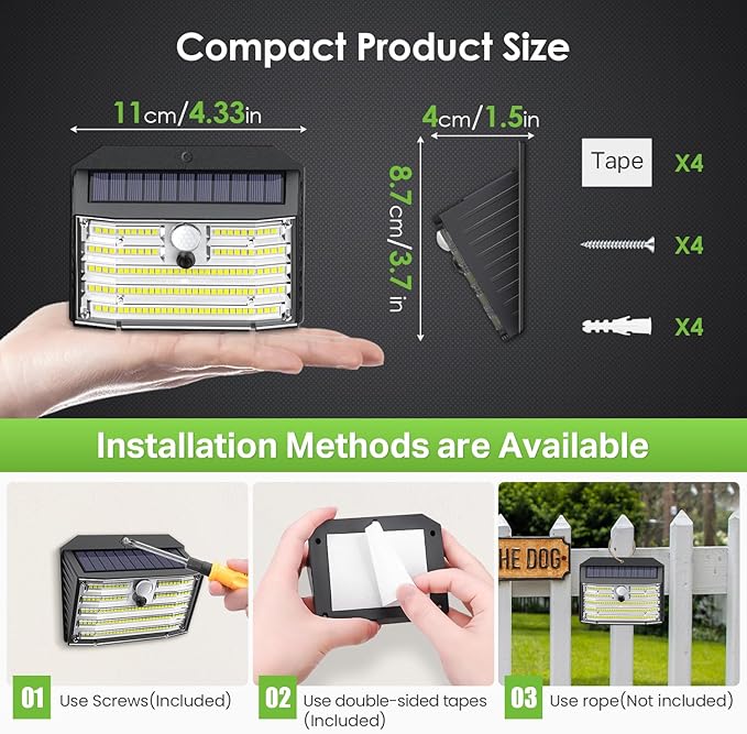 CLAONER Solar Lights Outdoor [𝟒 𝐏𝐚𝐜𝐤/126 LED], Wireless Motion Sensor Lights, IP65 Waterproof Security Lights 3 Modes, 270° Lighting Angle, Ultra-Bright Wall Lights for Deck Patio Fence Garage