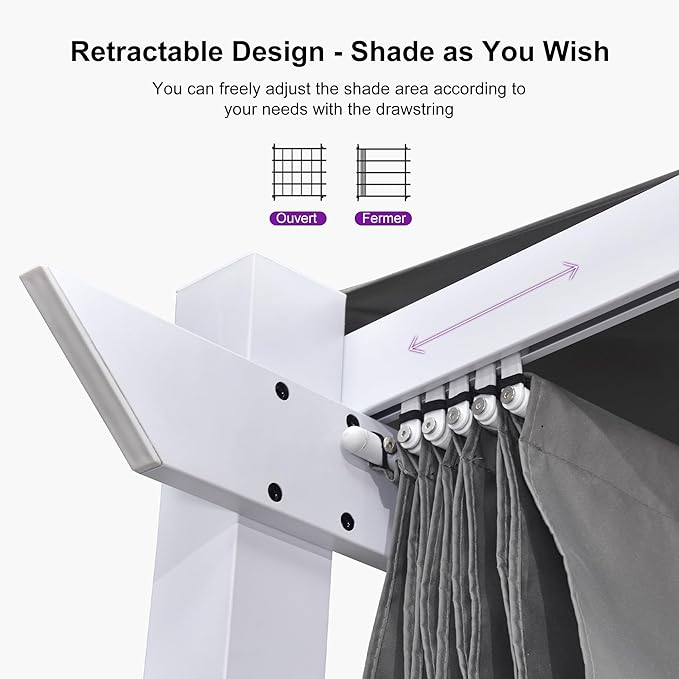 PURPLE LEAF 10' x 10' Outdoor Aluminum Pergola White Heavy-Duty Retractable Pergola with Light Patio Metal with Double Sun Shade Canopy for Backyard Gardens Deck, Grey