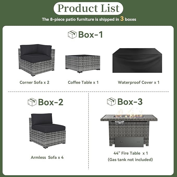 Aoxun 8 Piece Patio Furniture Set with 44'' Fire Pit Table Wicker Rattan Patio Conversation Set Outdoor Sectional Sofa Set with Coffee Table, Grey/Black (Waterproof Cover Included)