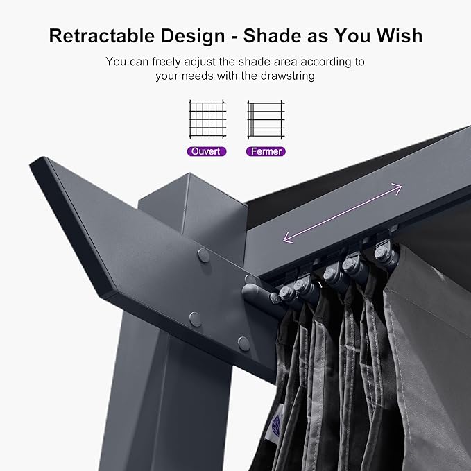 PURPLE LEAF 10' x 10' Aluminum Outdoor Pergola Modern Grape Trellis Retractable Pergola with Double Sun Shade Canopy Metal Pergola with Light for Patios Backyard Deck Garden, Grey