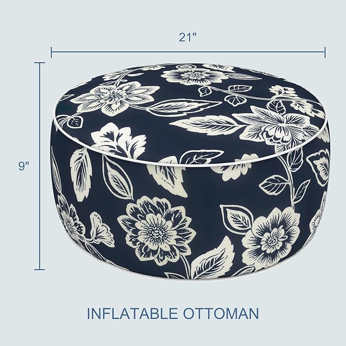 LVTXIII Indoor/Outdoor Inflatable Ottoman with Handle D21 x H9 Inch, Weather-Resistant Round Footstool Pouf for Patio Camping Living Room, Portable Footrest Extra Seating, Elegant Vines Navy