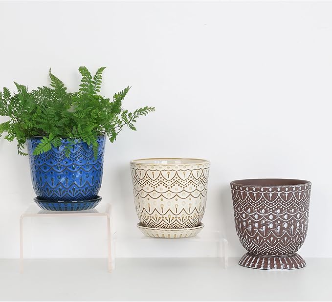Gepege Beaded Ceramic Planter 6 Inch Set of 2 with Drainage Hole and Saucer for Plants, Indoor-Outdoor Large Round Succulent Orchid Flower Pot (Cream White, Inner-pots not Larger Than 5 Inch)