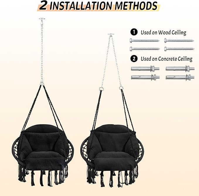Macrame Hammock Hanging Swinging Chair with Oversized Cushion, Perfect for Bedroom, Porch, Kids, Adults, Balcony, Black