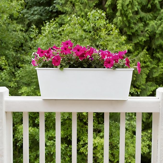 3 Pack Metal Railing Planters, 16 Inch Large Rectangular Hanging Flower Pots with Detachable Hooks & Drainage Holes, Fits Rails up to 2.5", Galvanized Iron Window Box for Balcony Garden - White