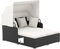 Tangkula Patio Rattan Daybed with Retractable Canopy, Outdoor Wicker Sunbed Lounger with 2 Foldable Side Tables, Thick Seat & Back Cushions, Double Daybed for Garden, Backyard, Porch (Off White)