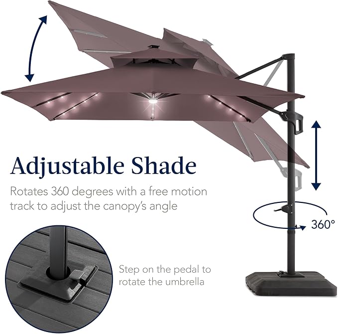 Best Choice Products 12x12ft LED Cantilever Patio Umbrella w/Base Included & 360° Rotation, Large Solar Offset Hanging Outdoor Sun Shade for Deck, Backyard Table w/Stand & Lights – Deep Taupe
