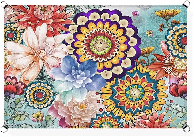 Sun Shade Sail 14'x18' Boho Floral Rectangle Sun Shade Sails Canopy Waterproof Mandala Flowers Plant Outdoor Sunshades Sand UV Block Cover Shade Cloth for Patio Backyard Garden Deck Porch Lawn