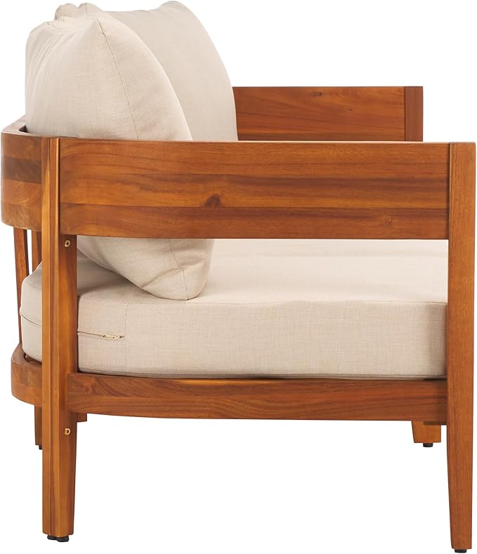 SAFAVIEH Outdoor Collection Theo Natural Teak Solid Wood/Taupe Cushion 3-Seater Sofa