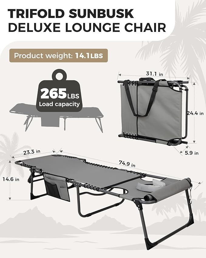 KingCamp Tanning Chair with Face Hole, Lounge Chairs Outdoor Folding Comfy Adjustable 5-Position Lay Flat Foldable Chaise Chaser Lounger for Outside Beach Patio Sun Bathing Pool, Grey