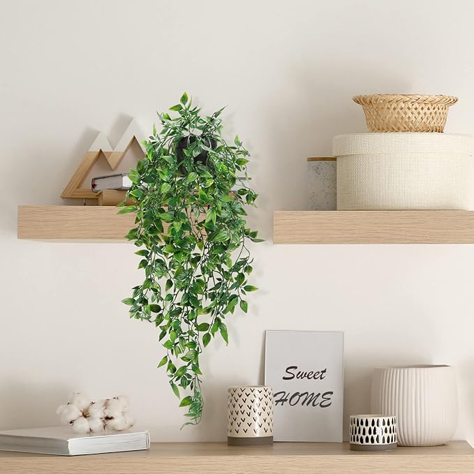 Whonline 2pcs Fake Hanging Plants, Artificial Potted Plants for Indoor Outdoor Aesthetic Office Living Room Shelf Decor