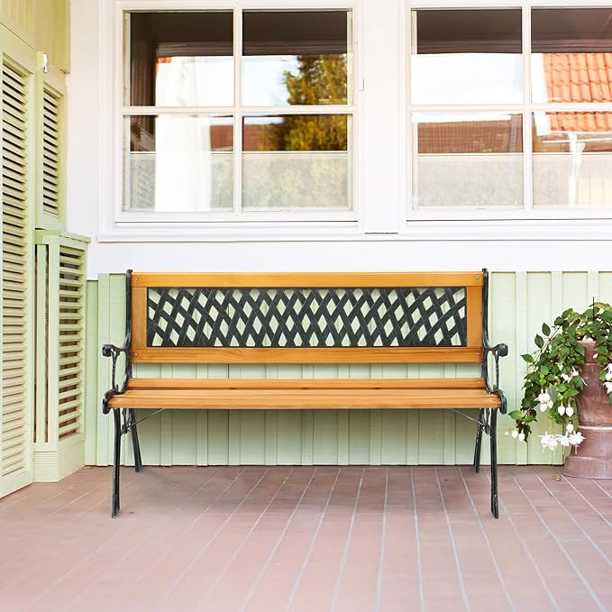 VINGLI Outdoor Bench Metal Garden Bench, Wood Patio Benches w/PVC Backrest Cast Iron Love Seat Park Benches for Porch Yard (Diamond)