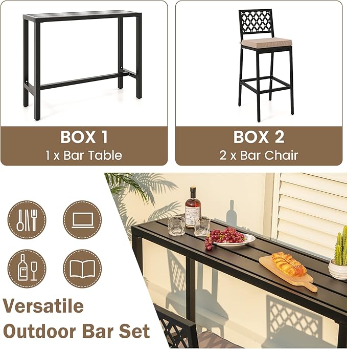 COSTWAY 3 Piece Outdoor Bar Table and Chairs Set, 48" Pub Height Bar Table & 2 Cushioned Bar Stools with Rhombus Backrest, Metal Patio Bar Table Set for Balcony, Backyard, Porch, Pool