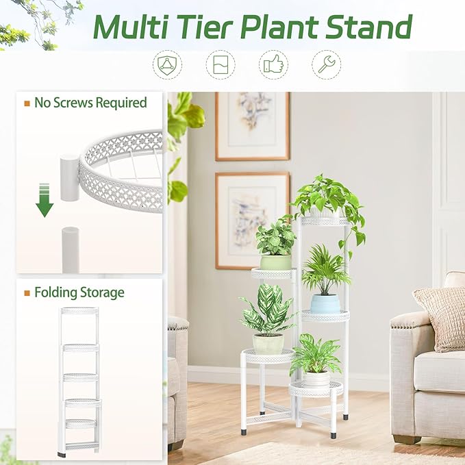 iDavosic.ly Plant Stand Indoor Outdoor, 5 Tier Corner Metal Flower Display Holder Shelf, Easy Assembly Folding Tall Orchid Rack for Patio Balcony Porch Garden Living Room House, Wrought Iron - White