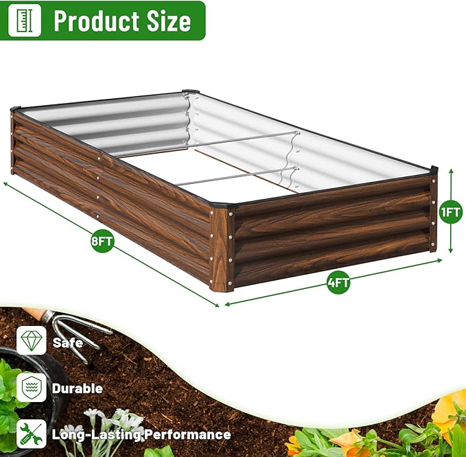 SnugNiture Galvanized Raised Garden Bed 8x4x1FT Outdoor Large Metal Planter Box Steel Kit for Planting Vegetables, Flowers