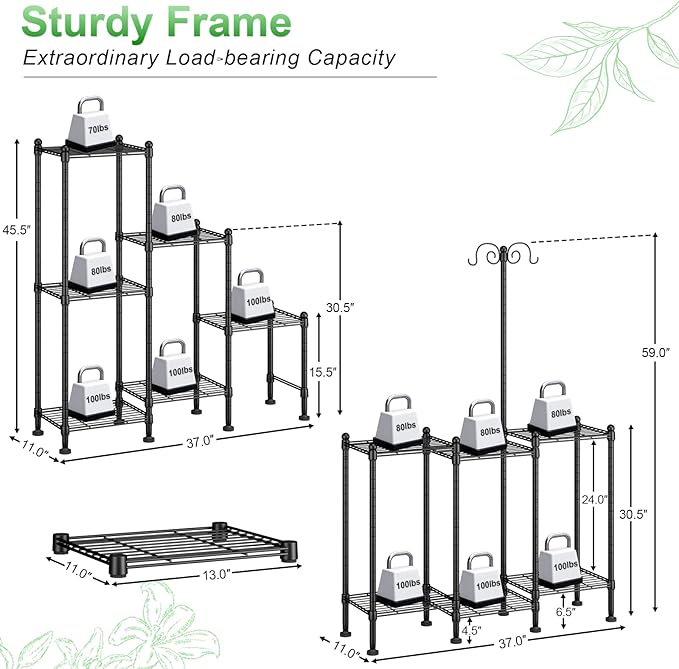 Plant Stand Indoor Outdoor, Heavy Duty Metal Waterproof 6 Tiered Plant Shelf for Multiple Flower Planter Holder Rack, Black - C6