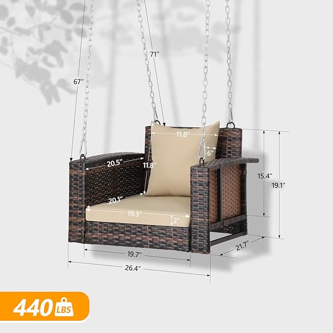 Outvita Porch Swing, 2FT Hanging Outdoor Porch Swings for Adults, Square Wicker 1 Person Patio Swing, with Cushion, Pillow and Chain for Garden, Backyard, Weight Capacity - 440lbs Brown & Khaki