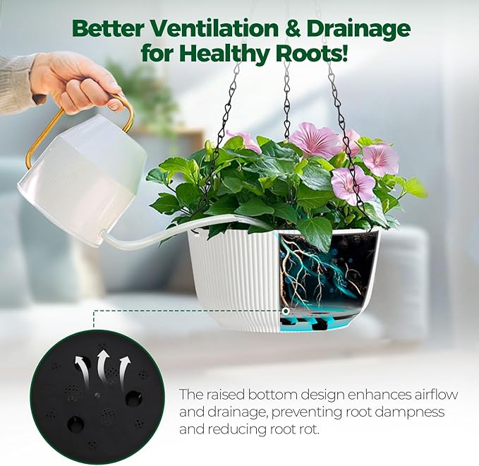 T4U Hanging Planter Self Watering 8 Inch, 2 Pack White Indoor Hanging Plant pots, Hanging Flower Pot with Drainage Hole & Plug & Chain with 3 Hooks for Garden Home Decor