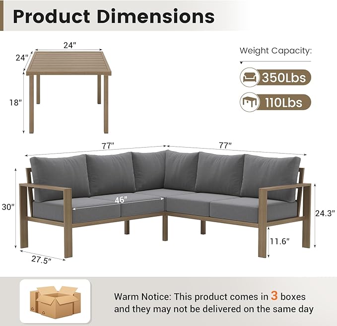 UDPATIO 6 Piece Patio Furniture Set, Faux Wood Metal Outdoor Sectional Sofa with 6" Thick Olefin Cushions, Wide Armrest & Coffee Table, L Shaped Outdoor Furniture for Garden, Backyard Dark Grey