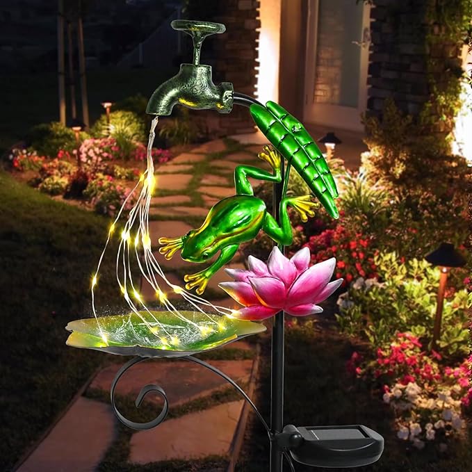 Solar Outdoor Lights Decorative Solar Frog Lights with Lotus Bird Feeder Faucet Shaped Lighted Garden Stake Decorations for Pathway Lawn Patio Courtyard Backyard