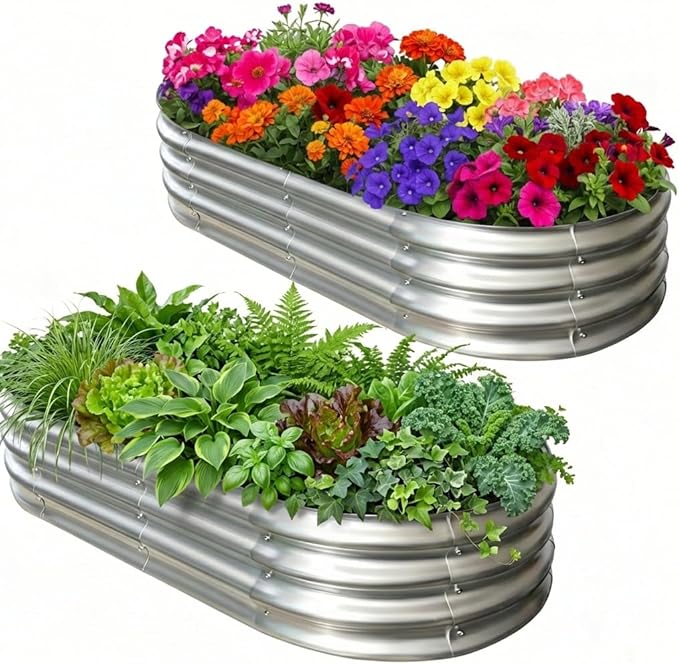 Galvanized Raised Garden Bed for Outdoor: 4X2X1ft Durable Metal Vegetable Plant Container Kit - Oval Planter Box for Gardening Flower Trough （2 Pack）
