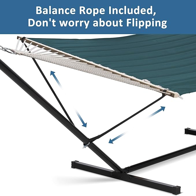 SUNCREAT Hammocks Extra Large Double Hammock with 12 ft Stand for Outside, 475lbs Capacity, Outdoor Portable Hammock with Hardwood Spreader Bar, Extra Large Pillow, Dark Green