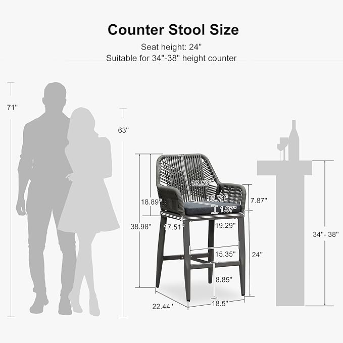 PURPLE LEAF Outdoor 24" Counter Height Bar Stools Chair Set of 2, All Weather Rattan and Aluminum Patio Bar Stool with Cushion for Indoor and Outdoor, Kitchen Island, Smoke Grey