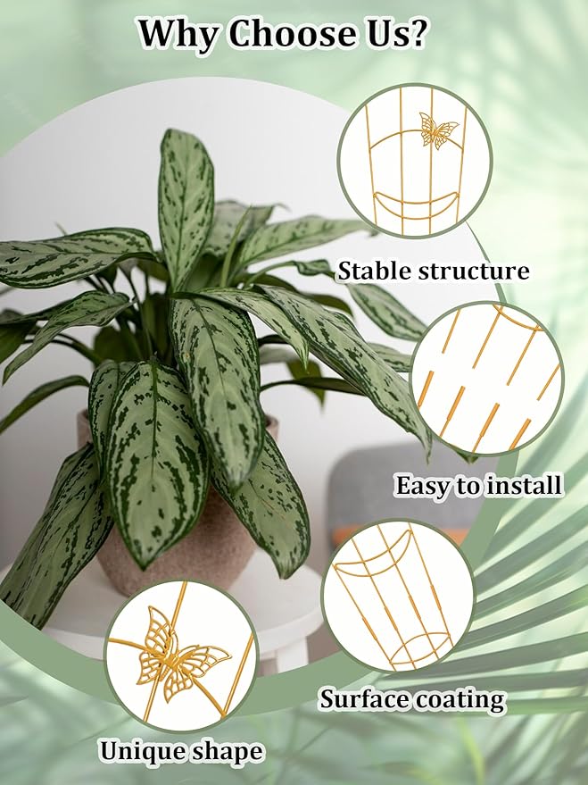 2 Pcs Tall Trellis for Potted Plants, 30'' Expandable Butterfly Shape Garden Trellis for Climbing Plants Indoor, Plant Pothos Climber Support for Monstera, Ivy, Hoya, Vine (Gold)