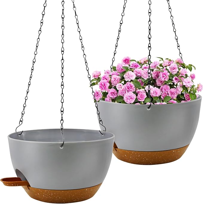 12 inch Hanging Planters for Indoor Plants, 2 Pack Self-Watering Hanging Planter Pots with Chain and Drainage Holes, Outdoor Plastic Hanging Baskets for Garden Home Decor